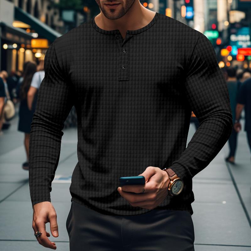 Men’s Casual Vintage Long Sleeve Henley T-Shirt with a Unique Solid and Checkered Design Ideal for Relaxed, Stylish Days