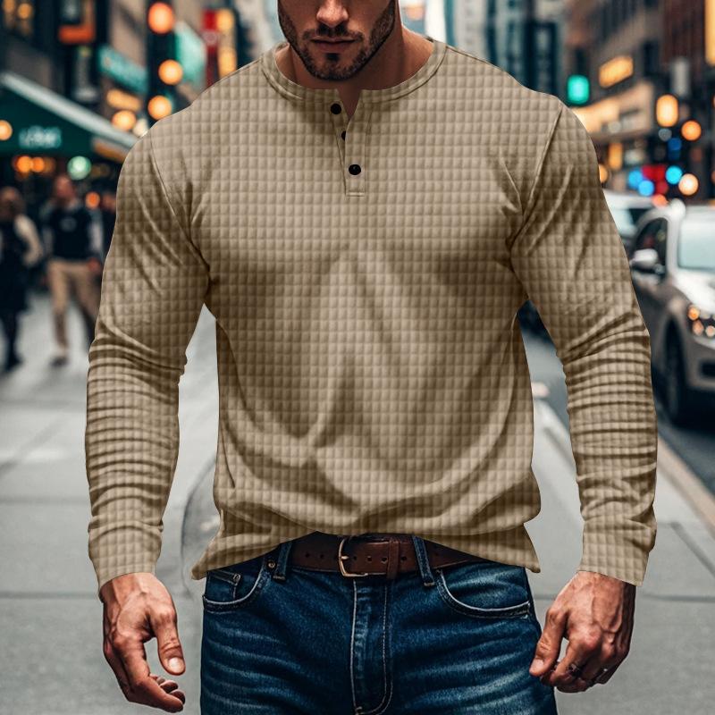 Men's Solid Plaid Button-Down Long Sleeve T-Shirt