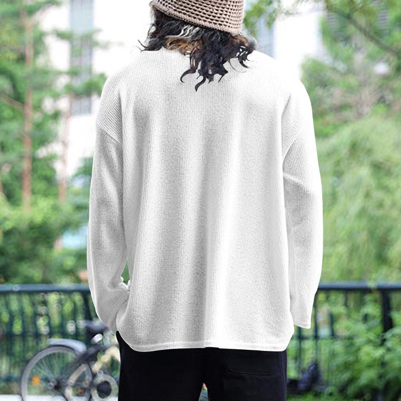 Men's Solid Color Knitted Waffle Loose Round Neck Long Sleeve T-Shirt