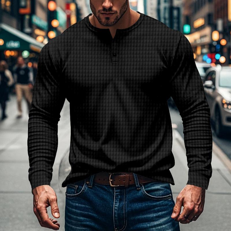 Men's Solid Plaid Button-Down Long Sleeve T-Shirt