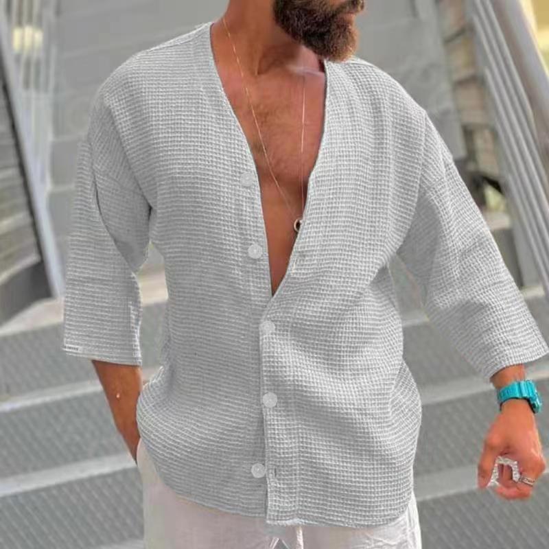 Men's Solid Color Loose Casual Retro Cropped Sleeve Shirt