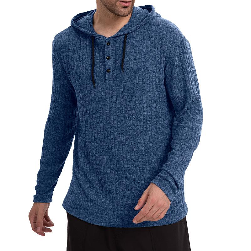 Men’s Casual Hooded Long Sleeve T-Shirt in Solid Color with Button Closure Effortless Style