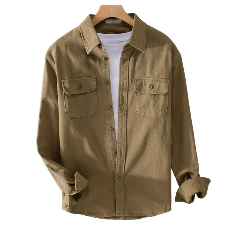 Men's Casual Cotton Breathable Lapel Single Breasted Loose Long Sleeve Shirt