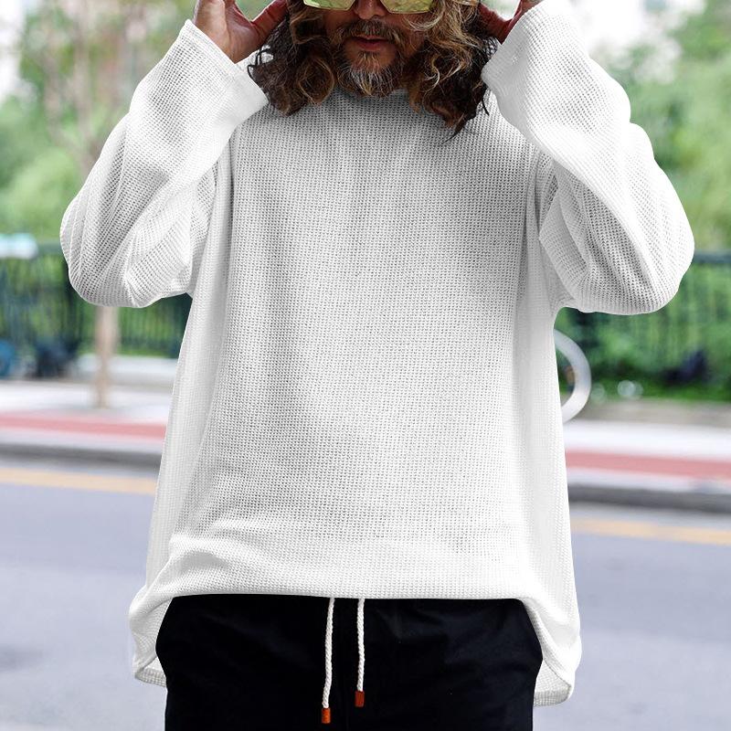 Men's Solid Color Knitted Waffle Loose Round Neck Long Sleeve T-Shirt