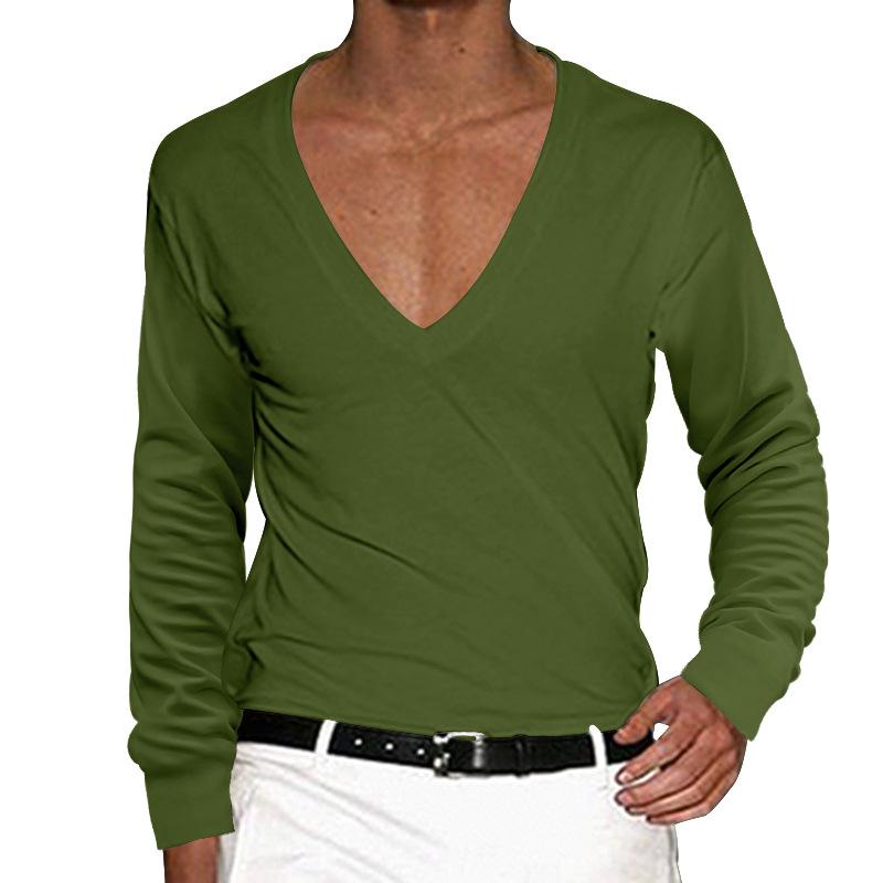 Men's Casual V Neck Solid Color Slim Long Sleeve T-Shirt