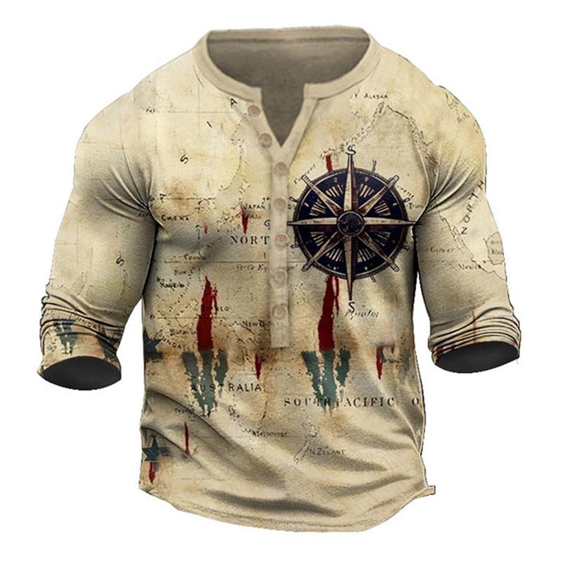 Men's Vintage Print Casual Long Sleeve Henley T-shirt