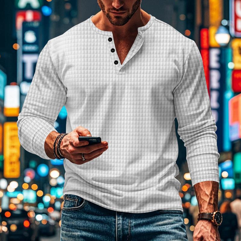 Men’s Casual Vintage Long Sleeve Henley T-Shirt with a Unique Solid and Checkered Design Ideal for Relaxed, Stylish Days