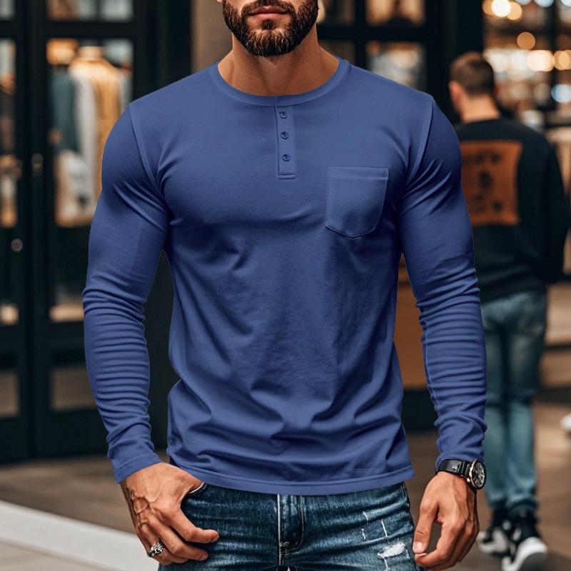 Men's Casual Crew Neck Cotton Blend Patch Pocket Long Sleeve T-Shirt