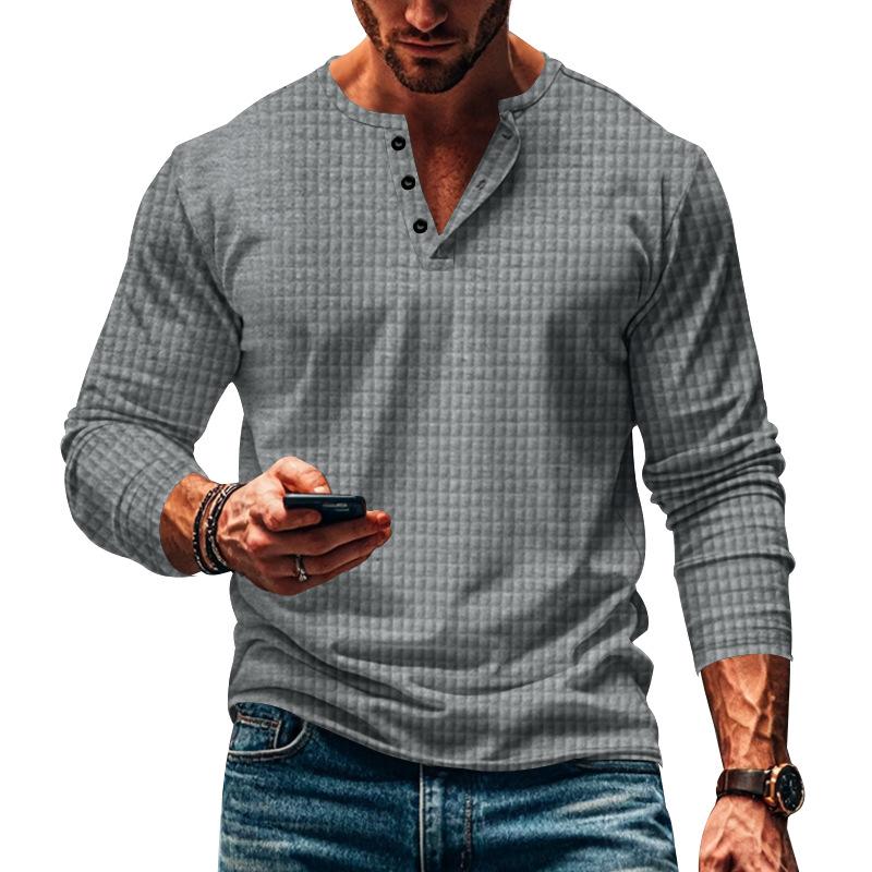 Men's Solid Plaid Button-Down Long Sleeve T-Shirt