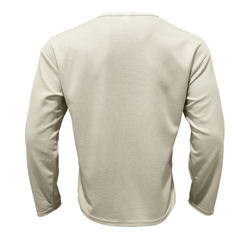 Men's Solid Color Knitted Waffle Loose Round Neck Long Sleeve T-Shirt