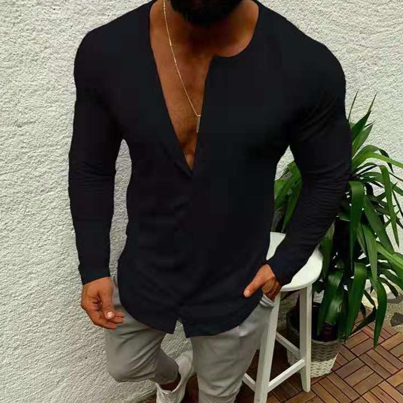 Men's Solid Color Long Sleeve Round Neck Button T-Shirt