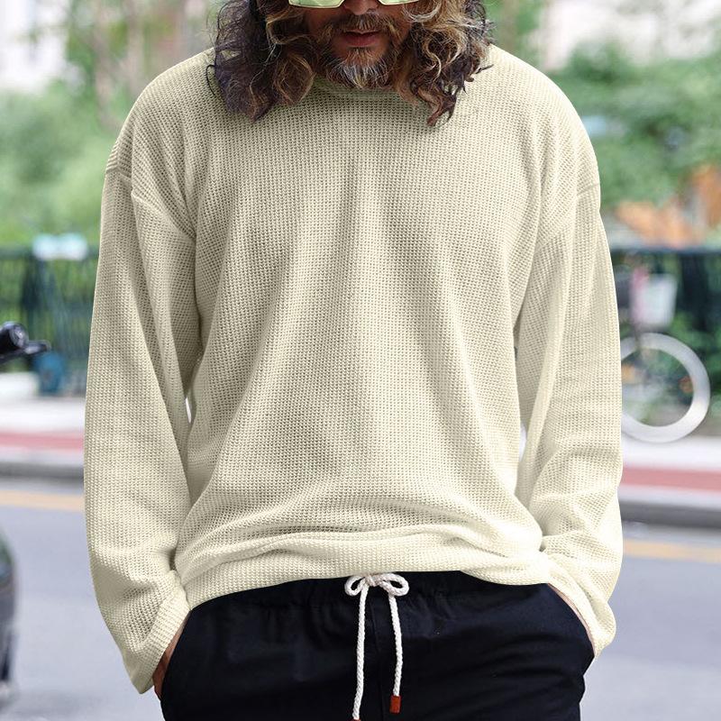 Men's Solid Color Knitted Waffle Loose Round Neck Long Sleeve T-Shirt