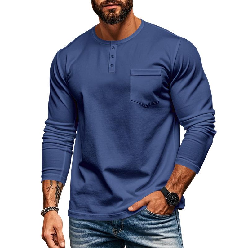 Men's Casual Crew Neck Cotton Blend Patch Pocket Long Sleeve T-Shirt