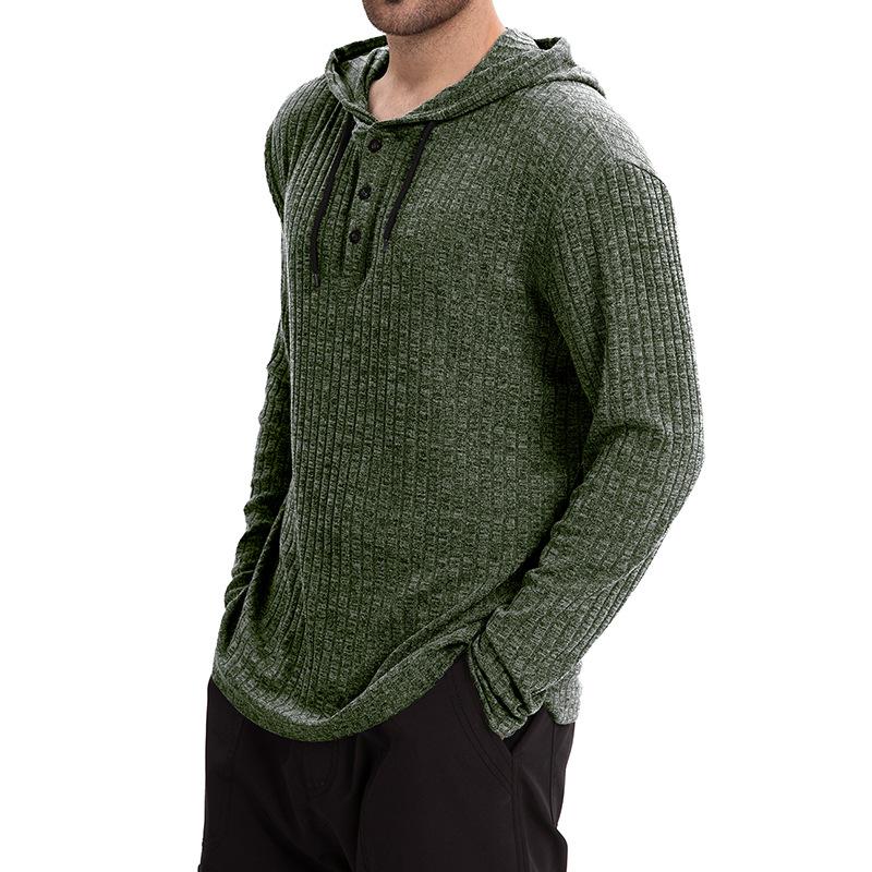 Men’s Casual Hooded Long Sleeve T-Shirt in Solid Color with Button Closure Effortless Style