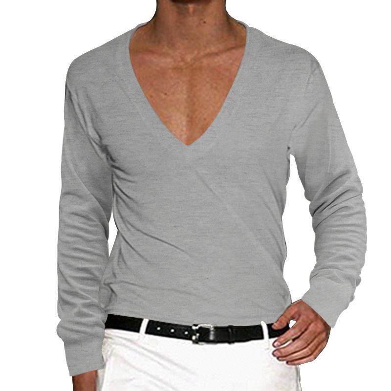 Men's Casual V Neck Solid Color Slim Long Sleeve T-Shirt