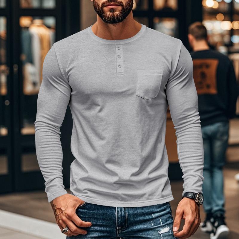 Men's Casual Crew Neck Cotton Blend Patch Pocket Long Sleeve T-Shirt