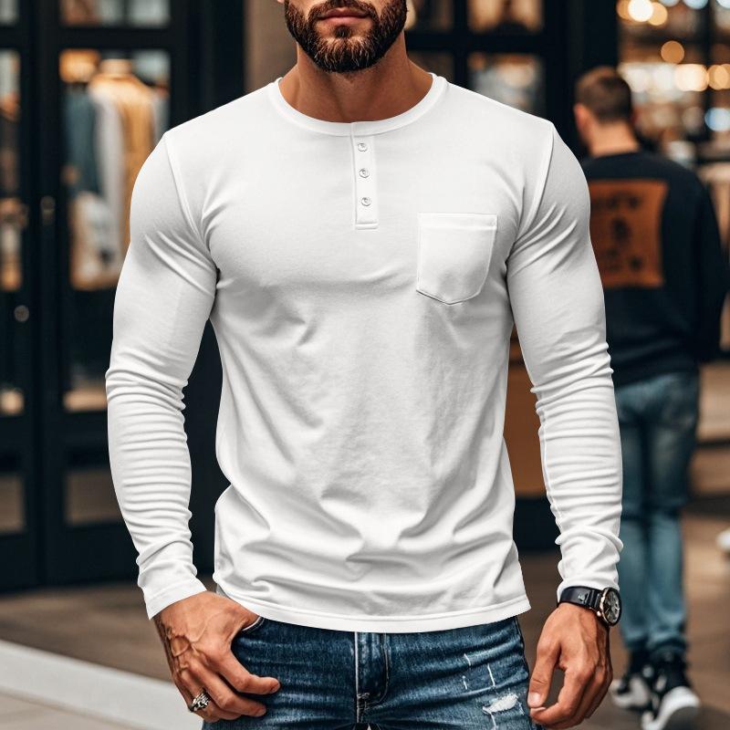 Men's Casual Crew Neck Cotton Blend Patch Pocket Long Sleeve T-Shirt