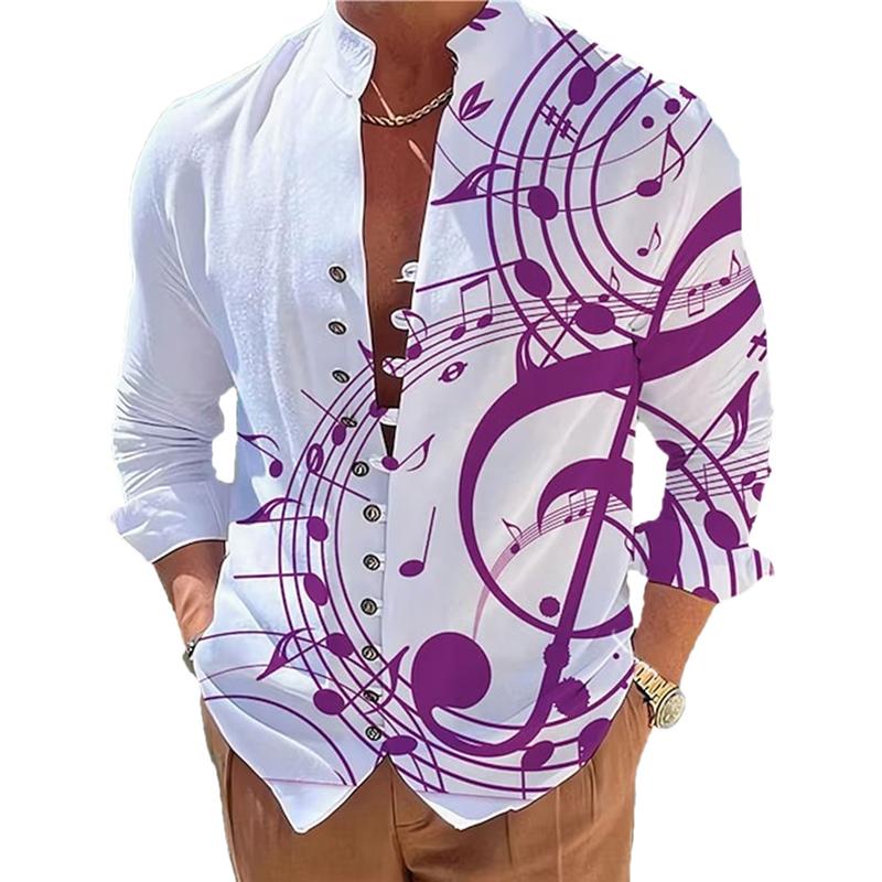 Men's Stand Collar Printed Musical Note Printed Button Long Sleeve Shirt