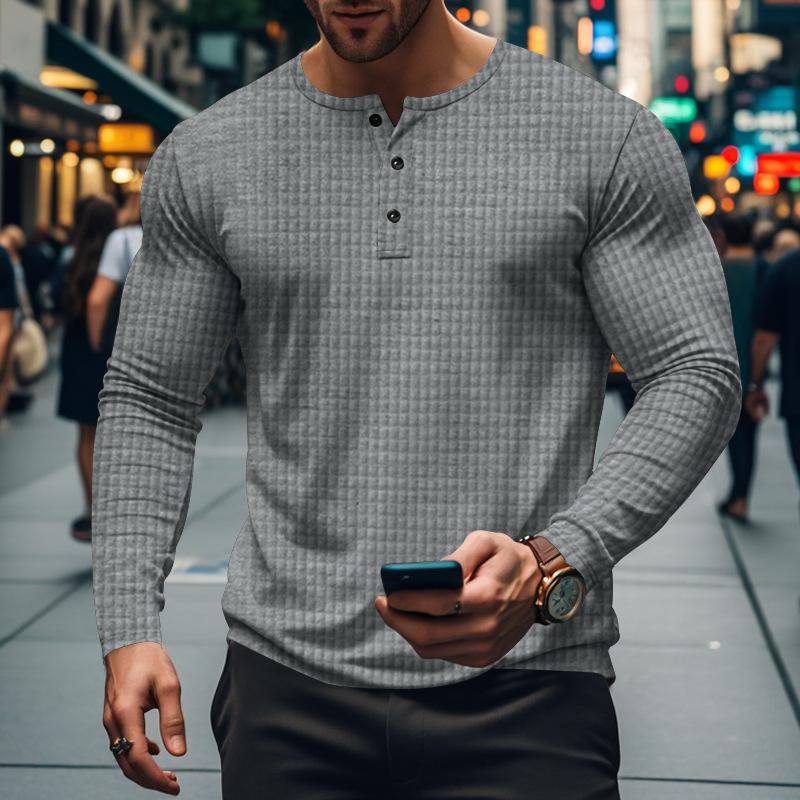 Men’s Casual Vintage Long Sleeve Henley T-Shirt with a Unique Solid and Checkered Design Ideal for Relaxed, Stylish Days