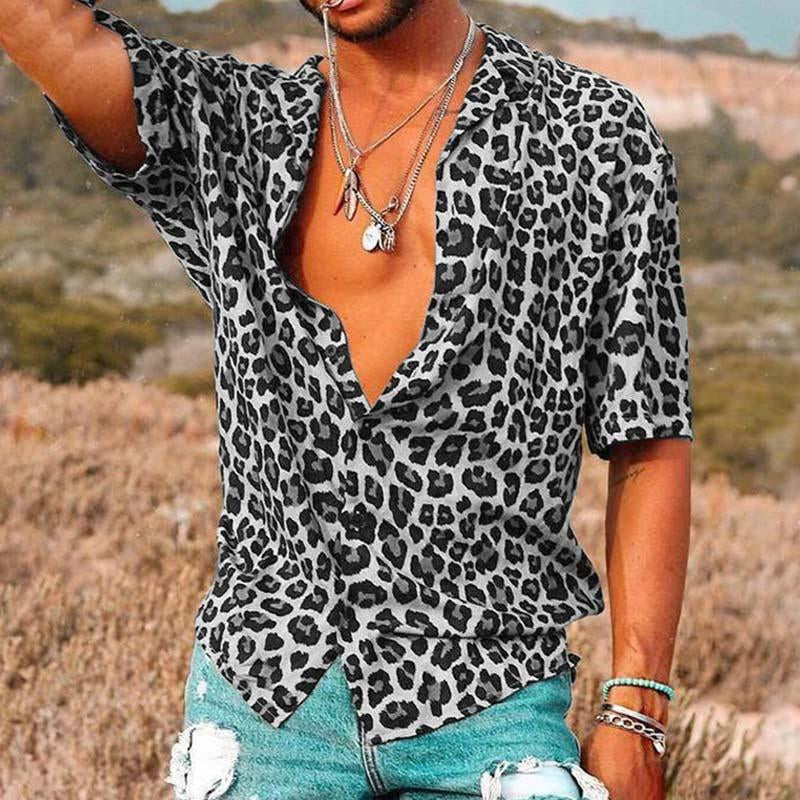 Men's Casual Leopard Print Short Sleeve Shirt