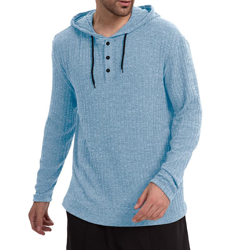 Men’s Casual Hooded Long Sleeve T-Shirt in Solid Color with Button Closure Effortless Style