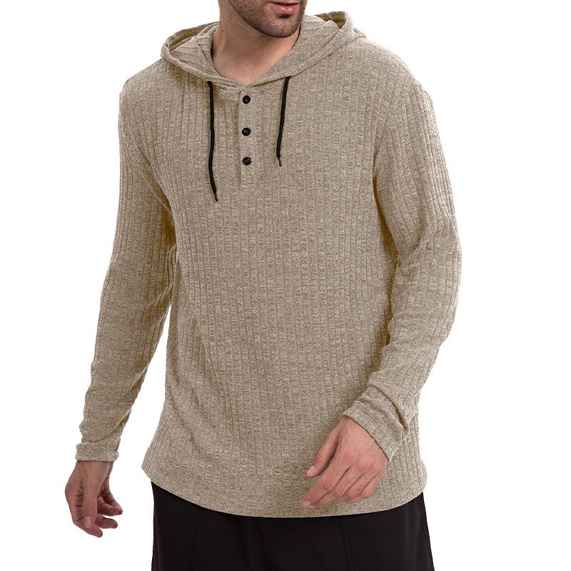 Men’s Casual Hooded Long Sleeve T-Shirt in Solid Color with Button Closure Effortless Style