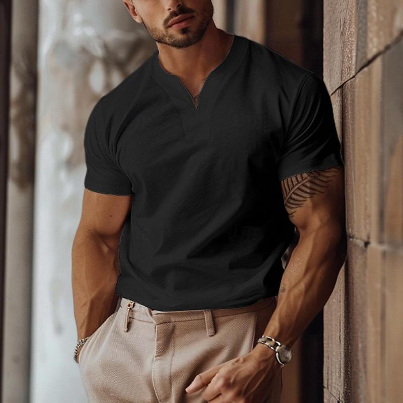 Men's Solid Color Elastic V-Neck Slim Fit Short-Sleeved T-Shirt