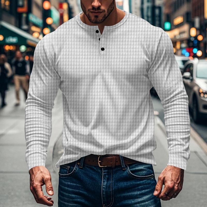 Men’s Casual Vintage Long Sleeve Henley T-Shirt with a Unique Solid and Checkered Design Ideal for Relaxed, Stylish Days