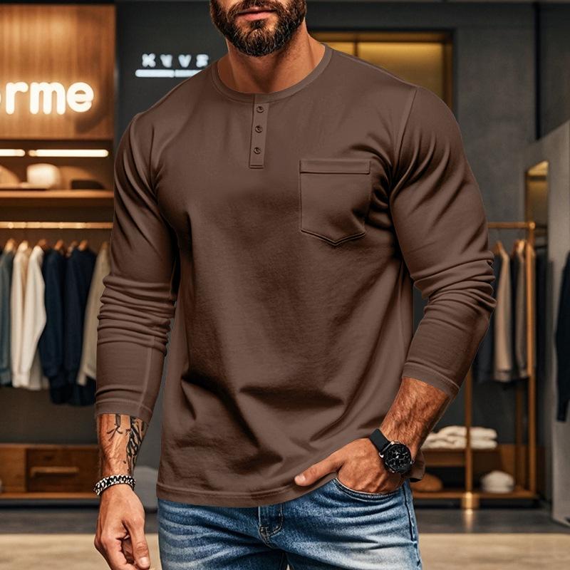 Men's Casual Crew Neck Cotton Blend Patch Pocket Long Sleeve T-Shirt