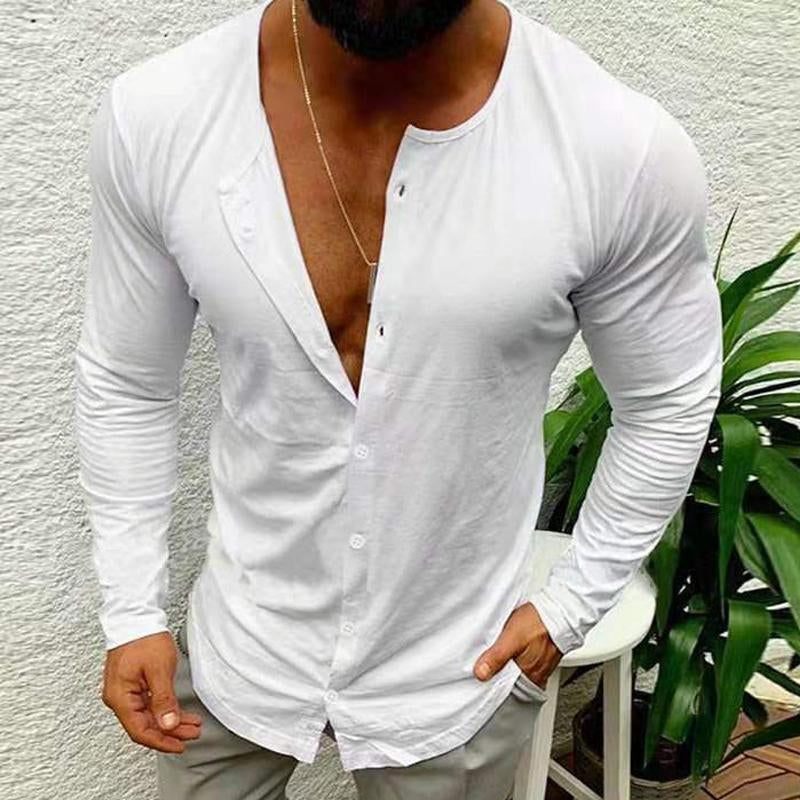 Men's Solid Color Long Sleeve Round Neck Button T-Shirt