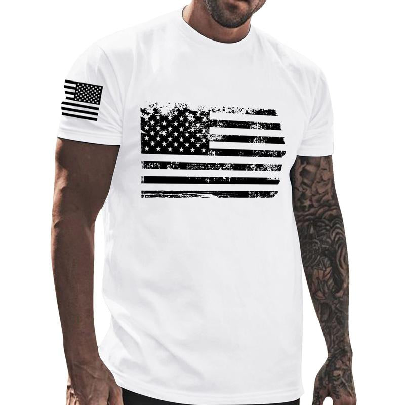 Men's Independence Day Crew Neck American Flag Print Top T-Shirt