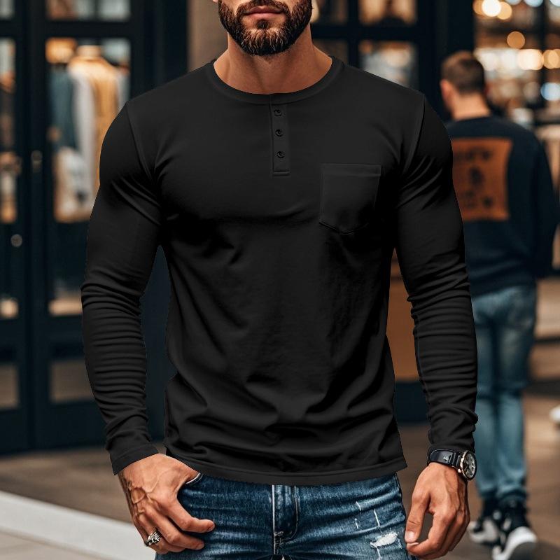 Men's Casual Crew Neck Cotton Blend Patch Pocket Long Sleeve T-Shirt