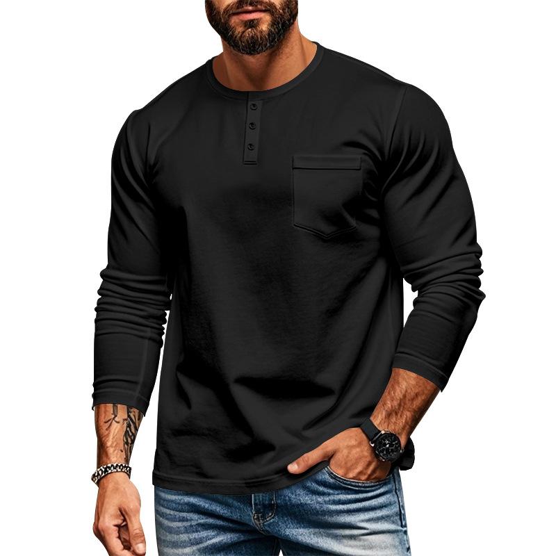 Men's Casual Crew Neck Cotton Blend Patch Pocket Long Sleeve T-Shirt