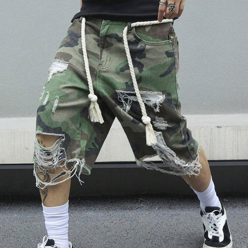 Men's Camouflage Washed Ripped Cropped Trousers