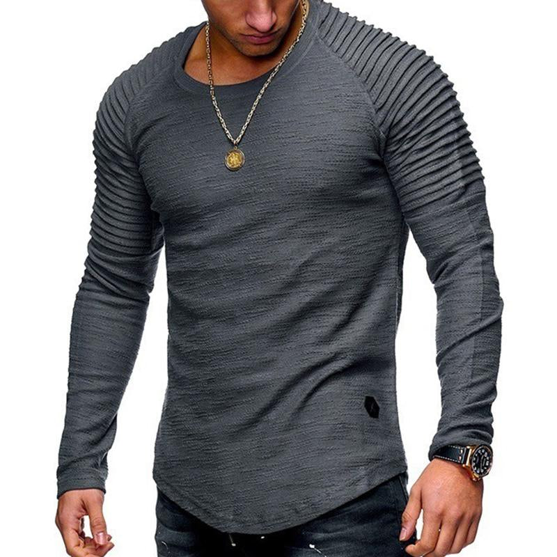 Men's Casual Solid Color Pleated Stitching Round Neck Long Sleeve T-Shirt