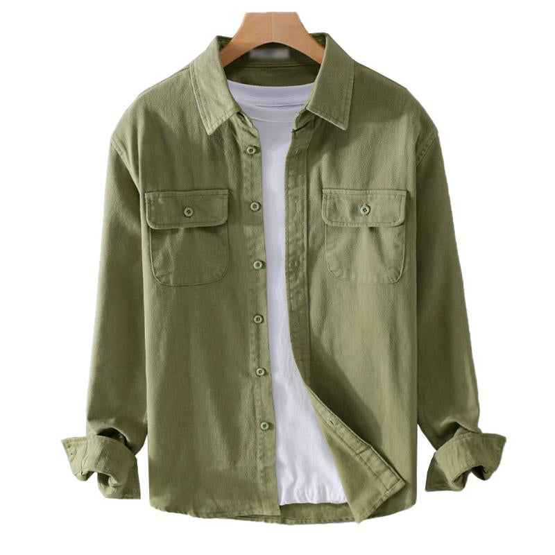 Men's Casual Cotton Breathable Lapel Single Breasted Loose Long Sleeve Shirt