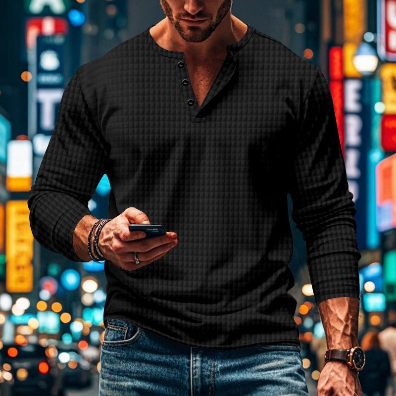 Men's Solid Plaid Button-Down Long Sleeve T-Shirt