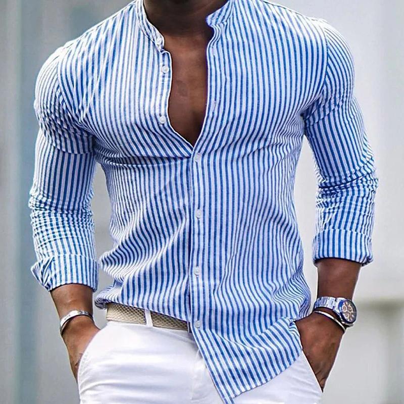 Men's Stripe Print Casual Fashion Stand Collar Shirt