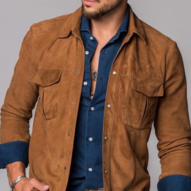 Men's Vintage Suede Double Breast Pocket Lapel Overshirt