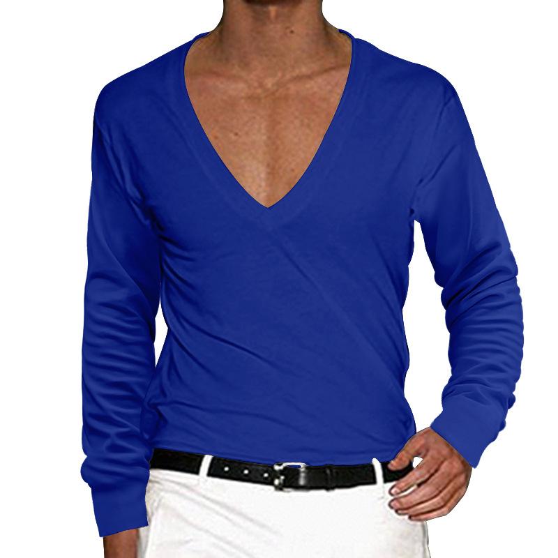 Men's Casual V Neck Solid Color Slim Long Sleeve T-Shirt