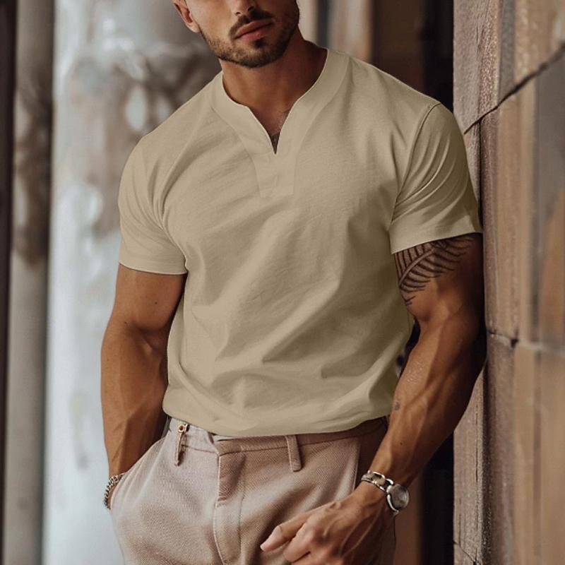 Men's Solid Color Elastic V-Neck Slim Fit Short-Sleeved T-Shirt