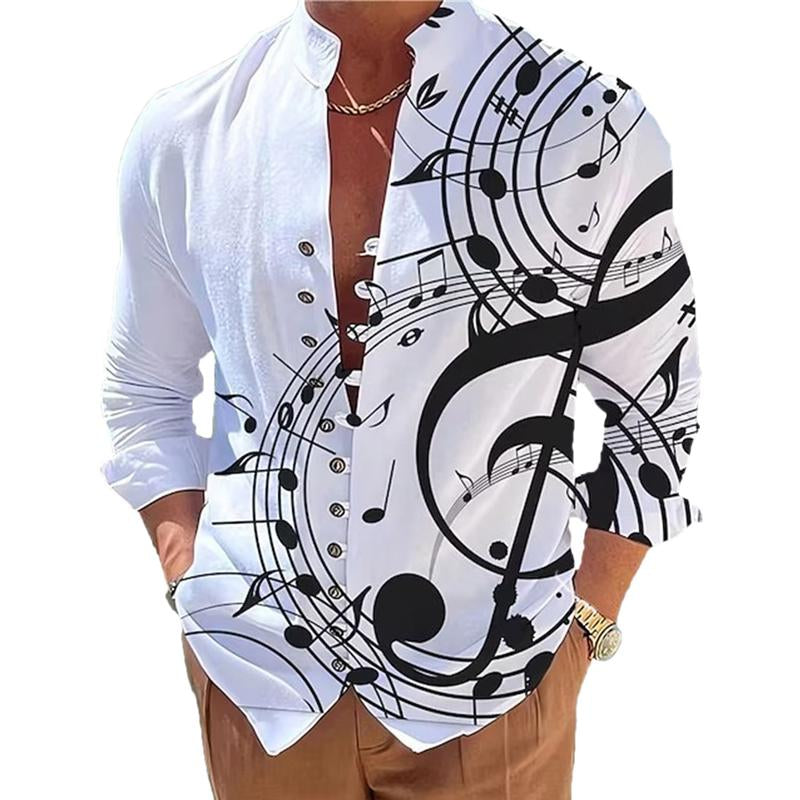 Men's Stand Collar Printed Musical Note Printed Button Long Sleeve Shirt