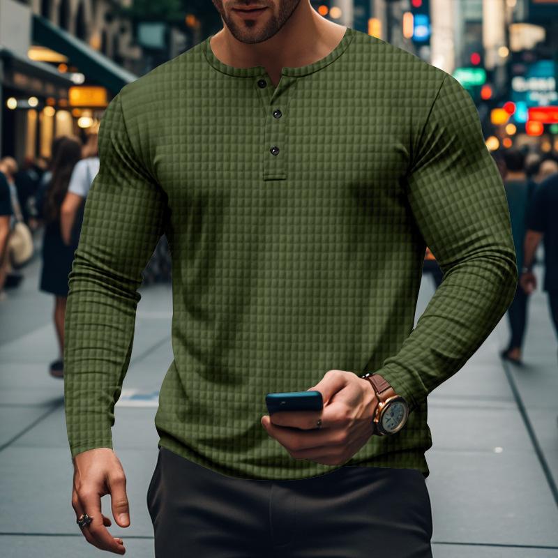 Men’s Casual Vintage Long Sleeve Henley T-Shirt with a Unique Solid and Checkered Design Ideal for Relaxed, Stylish Days