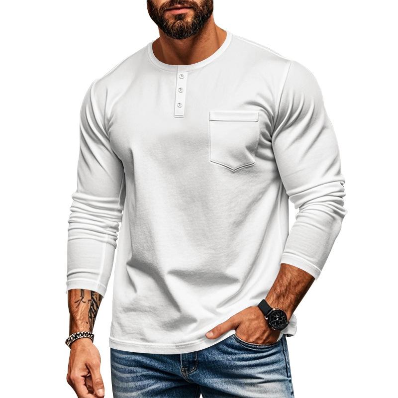 Men's Casual Crew Neck Cotton Blend Patch Pocket Long Sleeve T-Shirt