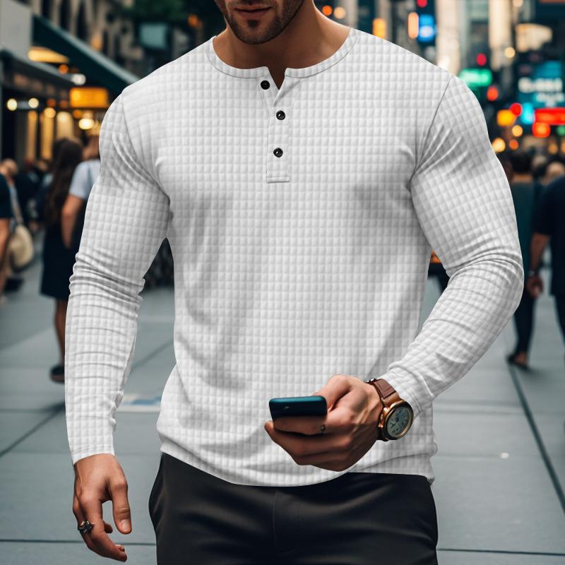 Men’s Casual Vintage Long Sleeve Henley T-Shirt with a Unique Solid and Checkered Design Ideal for Relaxed, Stylish Days