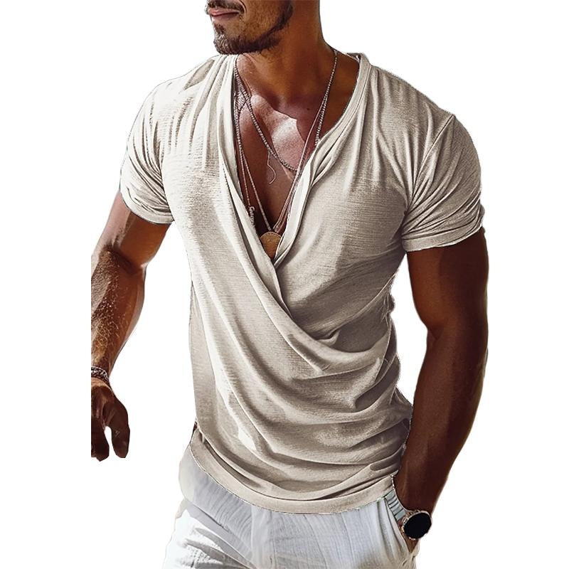 Men's Solid Color V-neck Crossover Design T-shirt