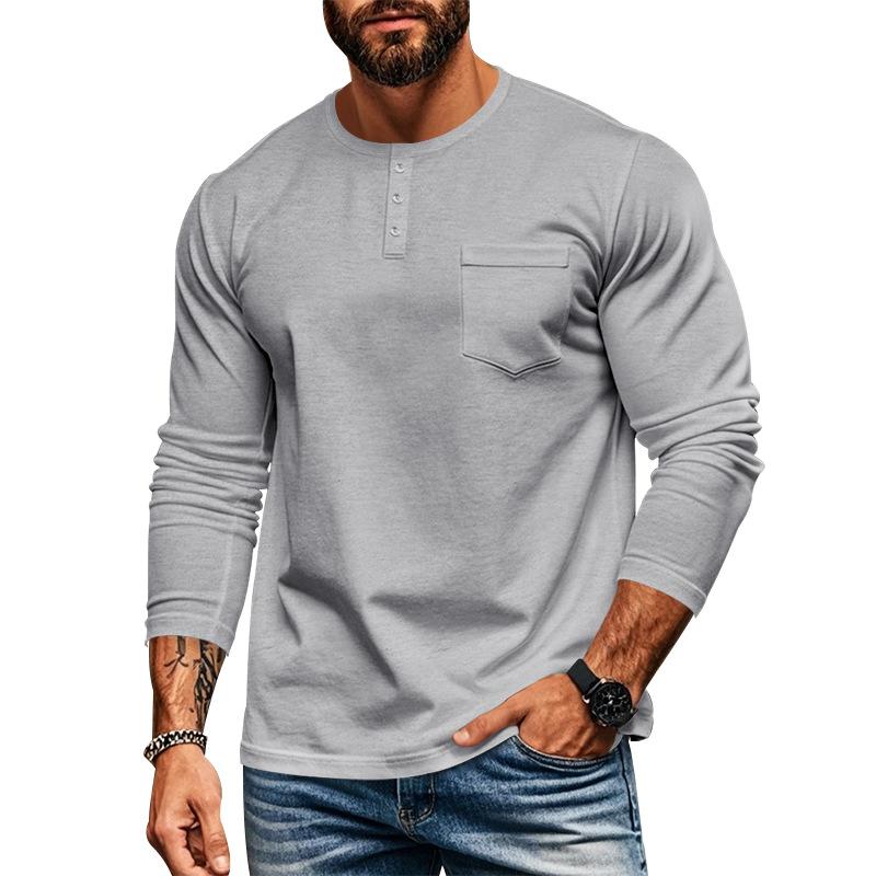 Men's Casual Crew Neck Cotton Blend Patch Pocket Long Sleeve T-Shirt