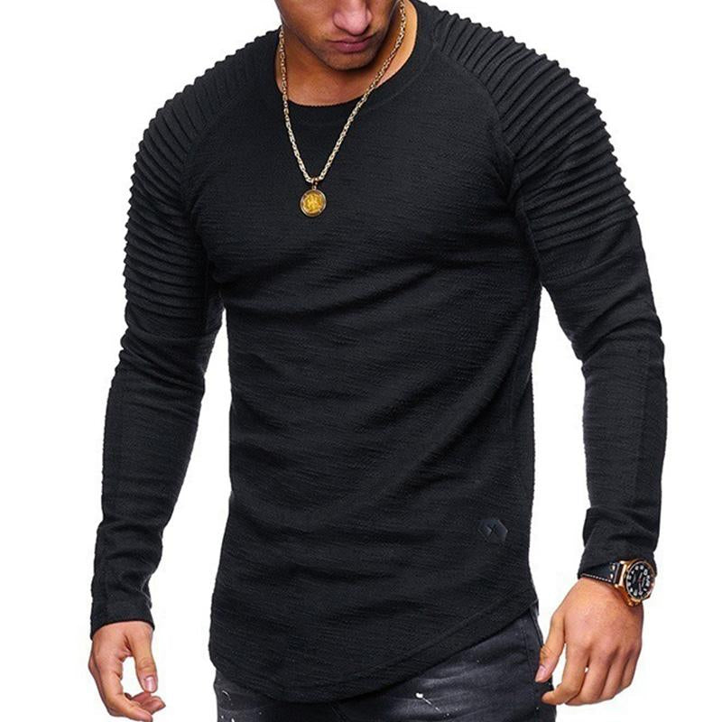 Men's Casual Solid Color Pleated Stitching Round Neck Long Sleeve T-Shirt