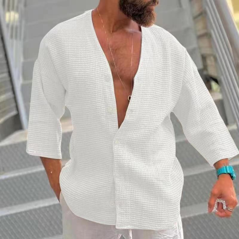 Men's Solid Color Loose Casual Retro Cropped Sleeve Shirt