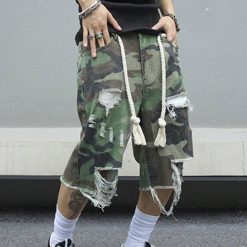 Men's Camouflage Washed Ripped Cropped Trousers